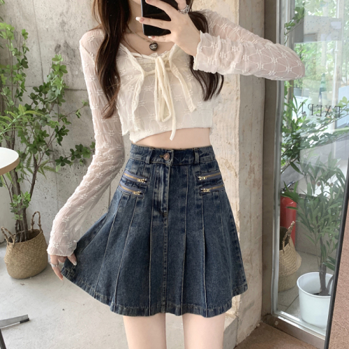 Plus size women's spring and summer clothing new fat sister pleated denim skirt fat mm denim short skirt