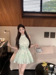 Photographed Mint Mambo Sweet Neckless Strap Dress for Women Summer French Orchid Edge Chiffon Short Skirt