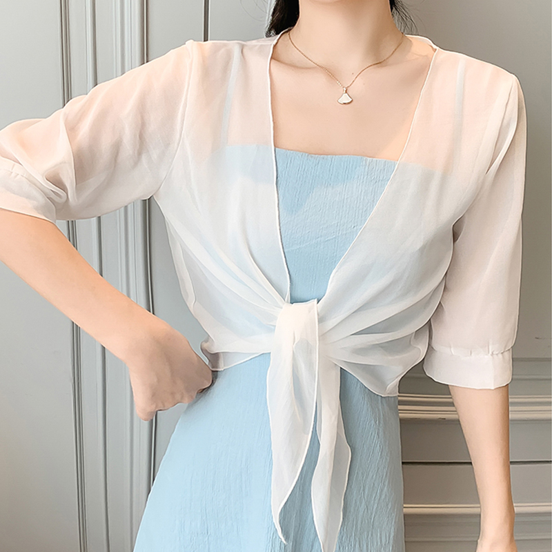 Small shawl, summer coat with suspender skirt, short sun protection cardigan, chiffon top, thin outer wear for women, versatile