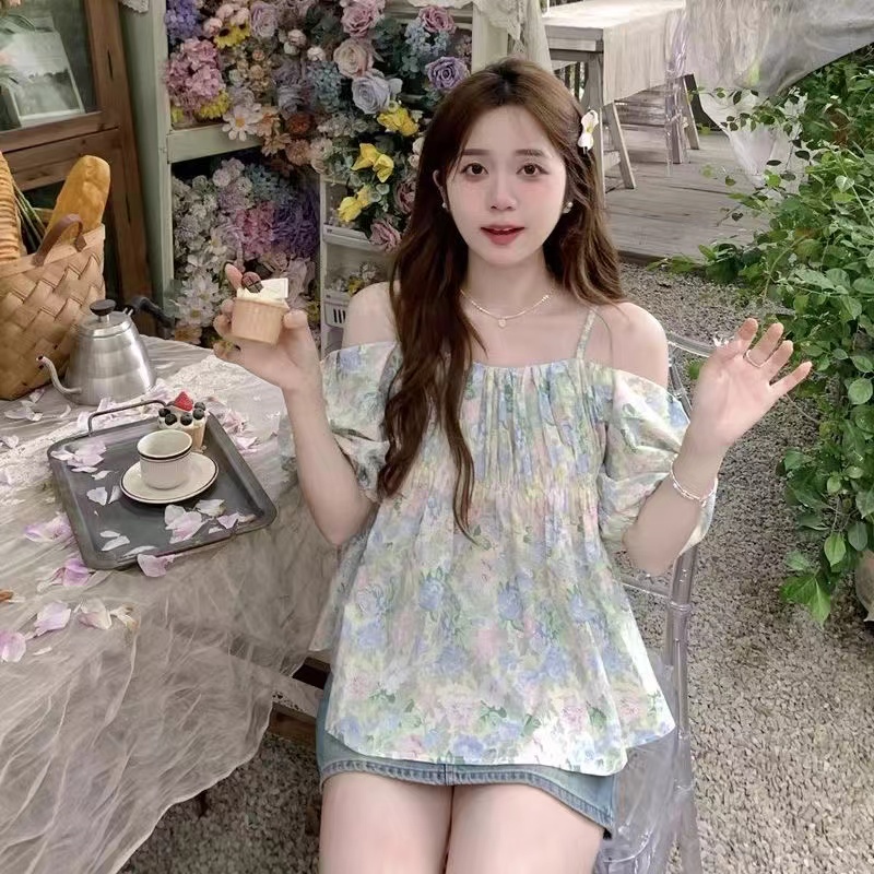 Floral Off-Shoulder Puff Sleeve Camisole Shirt Women's Summer Sweet One-Shoulder Chic Short Top