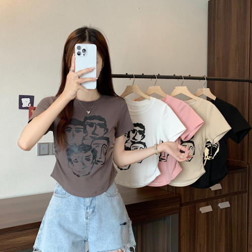 Plus size women's new fat sister slimming printed short-sleeved round neck casual T-shirt