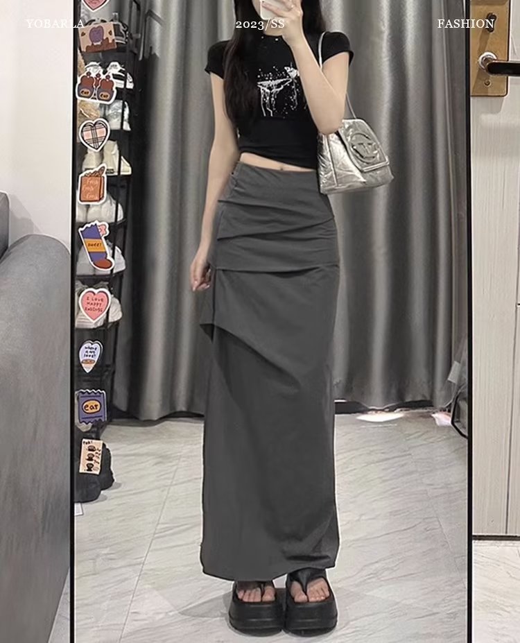 Design gray work pants for women autumn new styles for plus-size sisters high-waisted slimming A-line medium-length bustle skirt