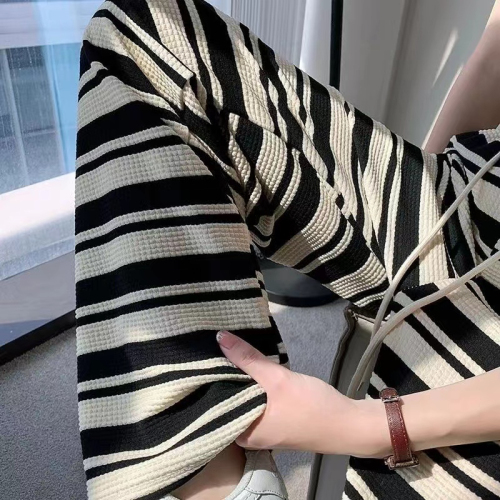 Plus size summer petite black and white horizontal stripes soft new floor-length spring and autumn all-match long pants casual wide-leg pants