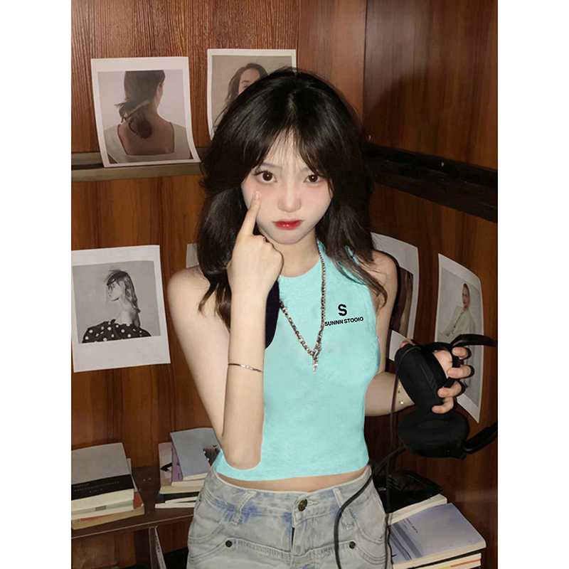 Official Photo Summer New Fun Printed Slim Short Round Neck Vest Sleeveless T-Shirt for Women