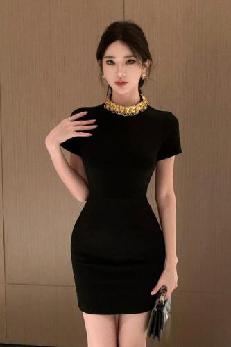 Actual shot of new women's gold glitter chain slim fit hip-hugging short-sleeved party dress