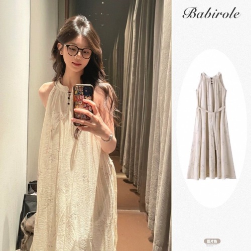 New Chinese ethnic style sleeveless halterneck dress for women summer new lace design loose long skirt national style skirt