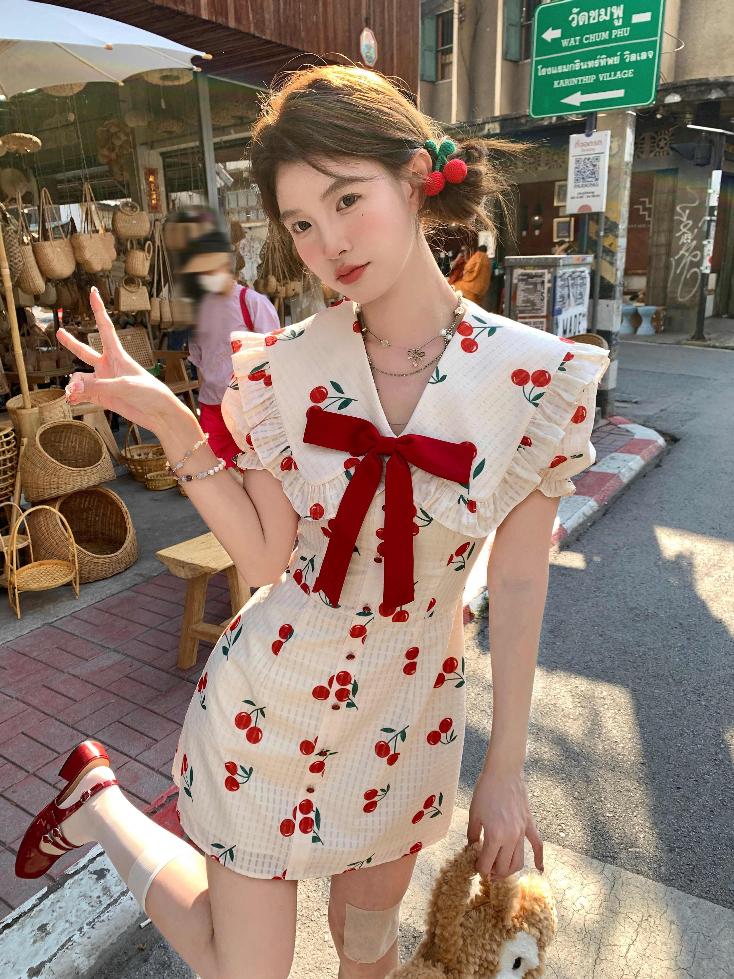 Acaine mid-length small flying sleeves v-neck waist sleeveless dress women's summer French retro sweet a-line skirt
