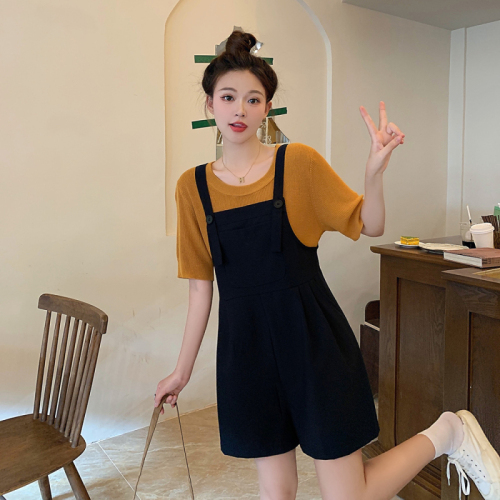 Plus size women's summer clothing new fat girl slimming knitted sweater overalls two-piece suit