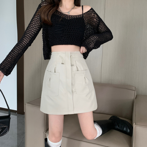 Plus size women's autumn new slimming Hong Kong style half-length temperament high waist hip small leather skirt