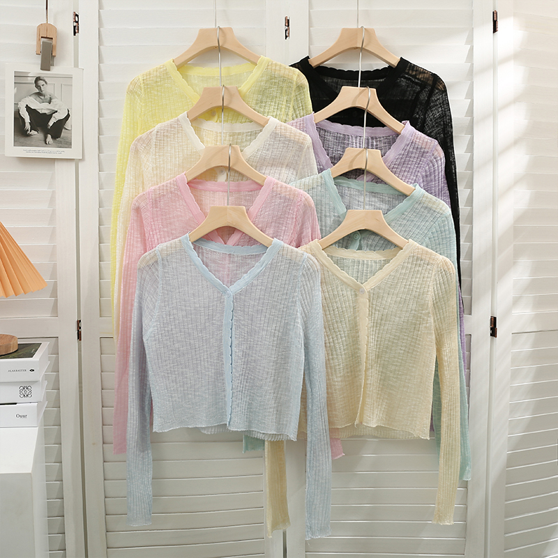 Korean style thin see-through short navel-baring sweater with suspender skirt for women 2024 summer outer wear sun protection shirt