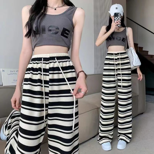 Plus size summer petite black and white horizontal stripes soft new floor-length spring and autumn all-match long pants casual wide-leg pants