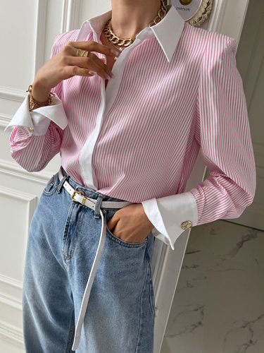 Fashionable and casual Korean Dongdaemun Chic shirt spliced ​​long-sleeved striped shirt printed Korean style shirt