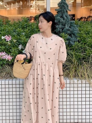 Korean chic summer sweet age-reducing round neck bow print stitching loose casual puff sleeve dress for women