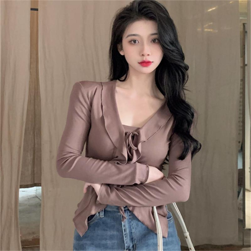 New style irregular fungus solid color long-sleeved women's bottoming T-shirt women's slim design top