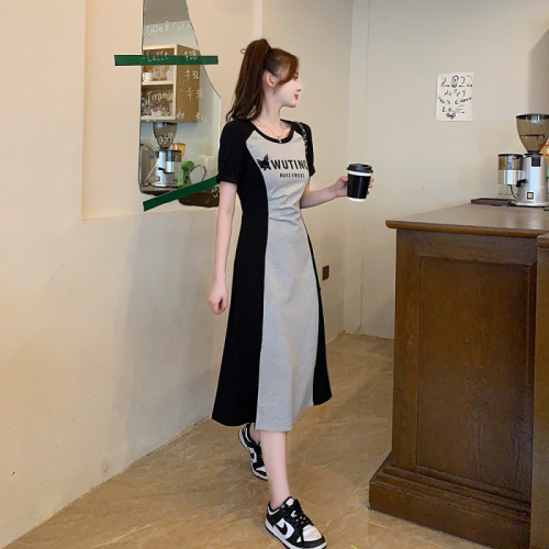 Plus size women's new style fat girl casual French lazy style age-reducing waist slimming mid-length dress