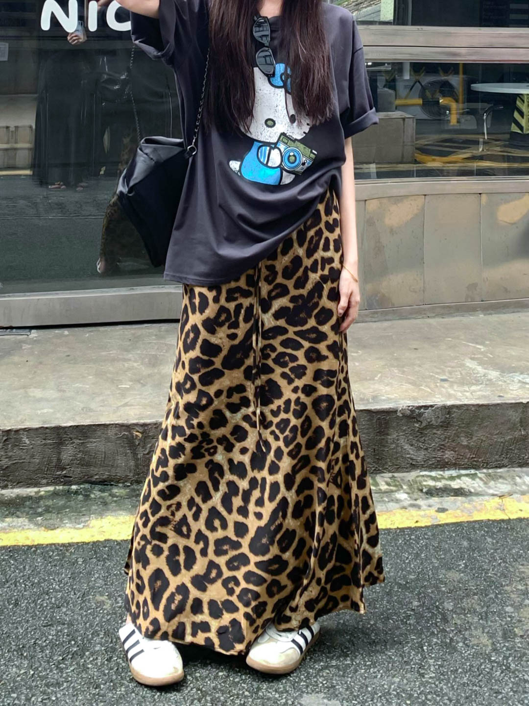 Hand-painted American niche leopard print acetate half-body skirt with high waist, slimming, flowing fish tail long dress