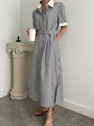 Simple and fashionable Korean Dongdaemun short-sleeved striped long skirt spliced ​​loose shirt skirt Korean style dress