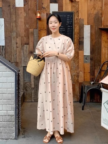 Korean chic summer sweet age-reducing round neck bow print stitching loose casual puff sleeve dress for women