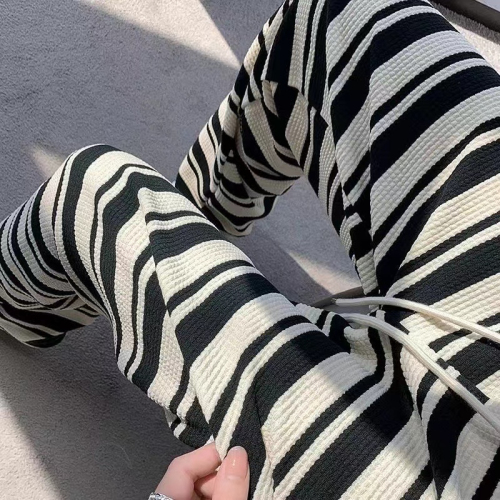 Plus size summer petite black and white horizontal stripes soft new floor-length spring and autumn all-match long pants casual wide-leg pants