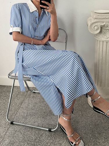 Simple and fashionable Korean Dongdaemun short-sleeved striped long skirt spliced ​​loose shirt skirt Korean style dress