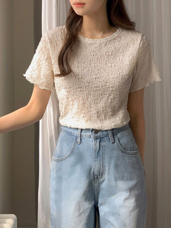 Simple and sexy Korean Dongdaemun short-sleeved tops High elastic bubble wrinkle round neck pullover versatile Korean style T-shirt