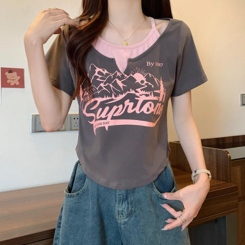 Plus size women's new style covers the flesh and makes fat girls look slimmer Hong Kong style retro suspenders half-sleeved niche short-sleeved