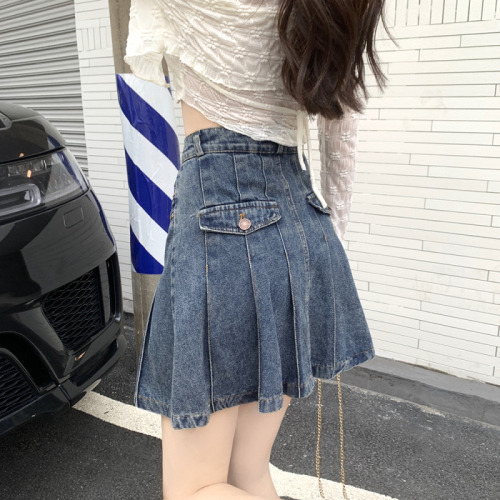 Plus size women's spring and summer clothing new fat sister pleated denim skirt fat mm denim short skirt