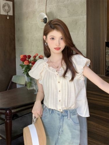 Actual shot 2024 new one-line collar solid color single-breasted lantern sleeve short-sleeved cardigan top women's chiffon shirt