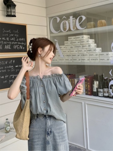 Actual shot 2024 new one-line collar solid color single-breasted lantern sleeve short-sleeved cardigan top women's chiffon shirt