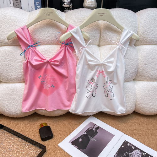 Actual price~Bunny bow pink ballet style slim stretch camisole white top T-shirt for women