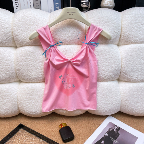 Actual price~Bunny bow pink ballet style slim stretch camisole white top T-shirt for women