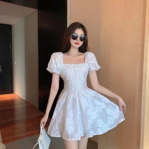 Plus size women's spring and summer new style elegant public French square neck puff sleeve slim dress