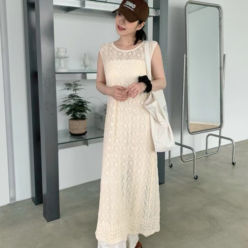 South Korea 2024 Summer Hollow Thin Knitted Dress Sleeveless Back Slit Long Layer Bottoming Skirt