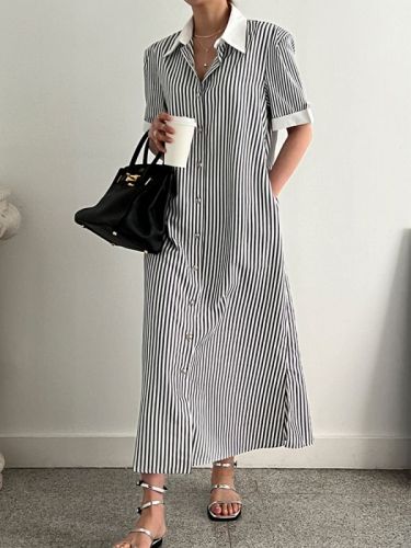 Simple and fashionable Korean Dongdaemun short-sleeved striped long skirt spliced ​​loose shirt skirt Korean style dress