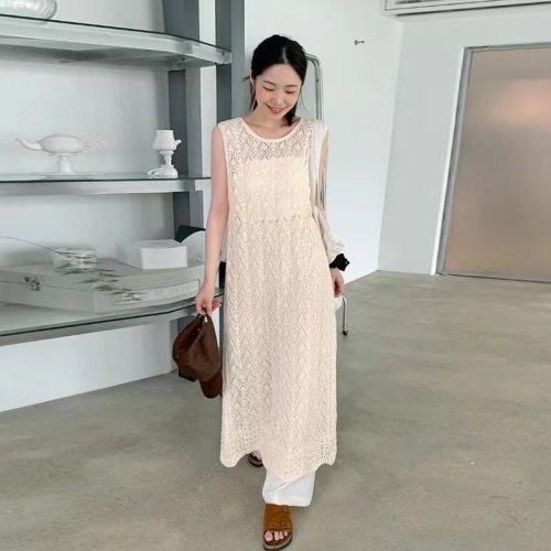 South Korea 2024 Summer Hollow Thin Knitted Dress Sleeveless Back Slit Long Layer Bottoming Skirt