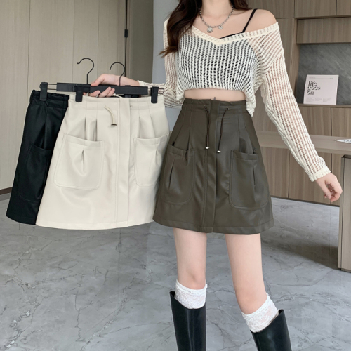 Plus size women's autumn new slimming Hong Kong style half-length temperament high waist hip small leather skirt