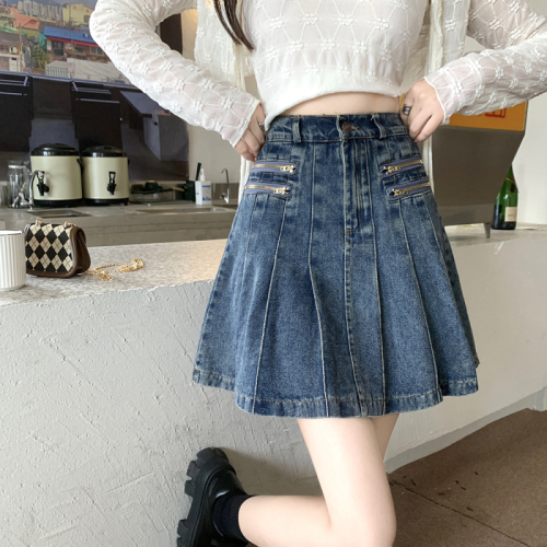 Plus size women's spring and summer clothing new fat sister pleated denim skirt fat mm denim short skirt