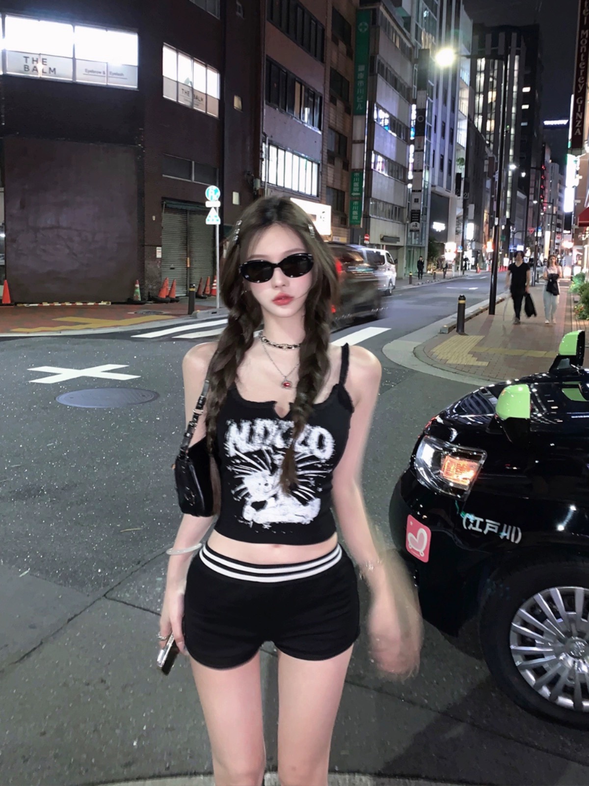 JMSHOP Shibuya Hot Girl Short Raw Edge Wide Shoulder Vest Women's Designed Summer Slim Printed Top