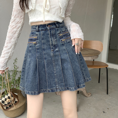 Plus size women's spring and summer clothing new fat sister pleated denim skirt fat mm denim short skirt