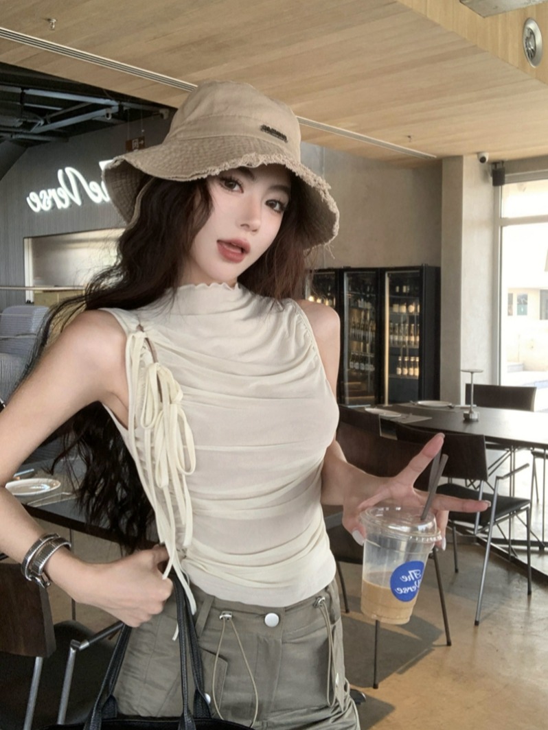 Real shot of summer design mesh strap elastic waist pleated vest for women cool sleeveless curled top