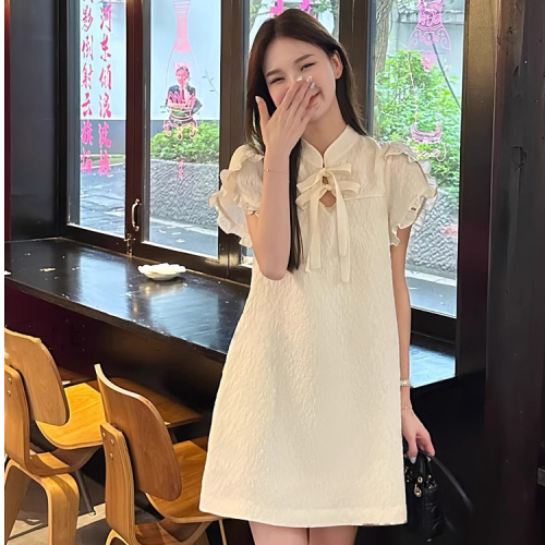 New Chinese style national style stand collar bow dress 2024 summer new niche cheongsam improved first love princess dress