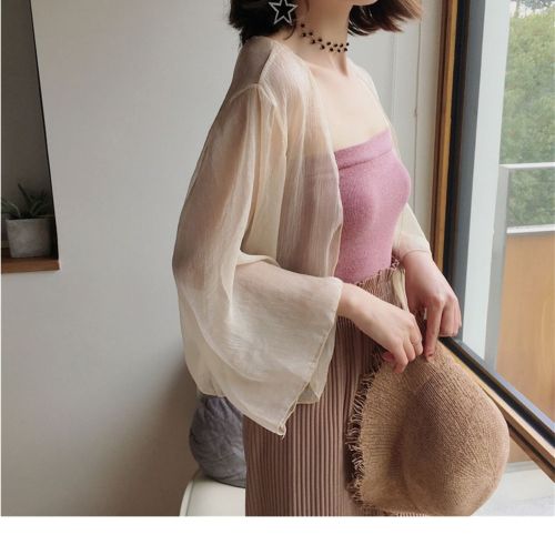 Sun protection clothing for women, summer thin coat, small shawl blouse, long-sleeved beach cardigan, versatile air-conditioning shirt, super fairy