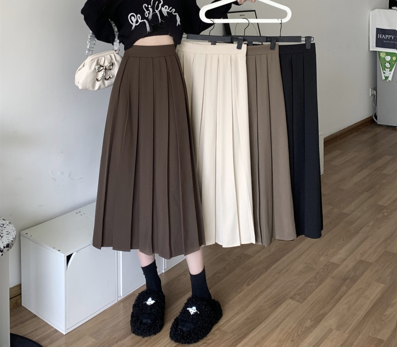 New autumn and winter mid-length pleated skirt skirt for women with high waist, slimming and drapey A-line skirt