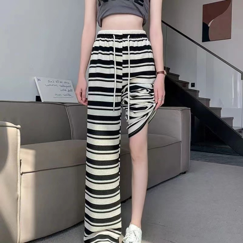 Plus size summer petite black and white horizontal stripes soft new floor-length spring and autumn all-match long pants casual wide-leg pants