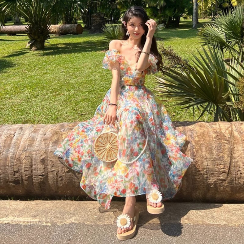 Original quality mini skirt seaside vacation dress tea break French long skirt one-shoulder suspender floral skirt summer