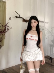 Real shot of pure lust hottie slim-fitting sleeveless tube top + satin white flower bud high-waisted puff skirt pants for women