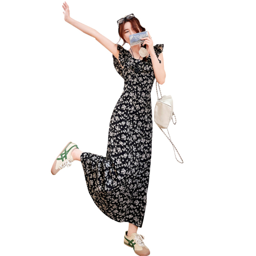 Real shot 24thootd Rose Island floral black dress feminine slim spring and summer mid-length ruffle skirt