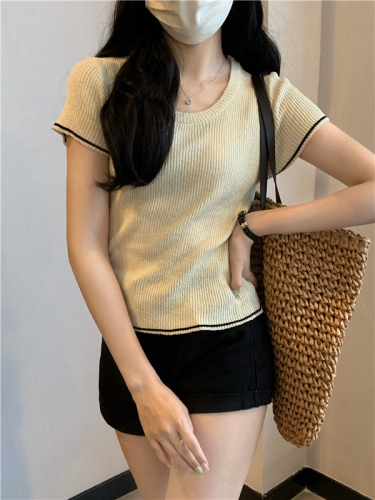 Actual price Dopamine round neck right shoulder ice silk knitted short-sleeved T-shirt women's French crop top