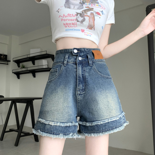 Plus size women's new style fat girl slimming high waist retro raw edge irregular loose jeans