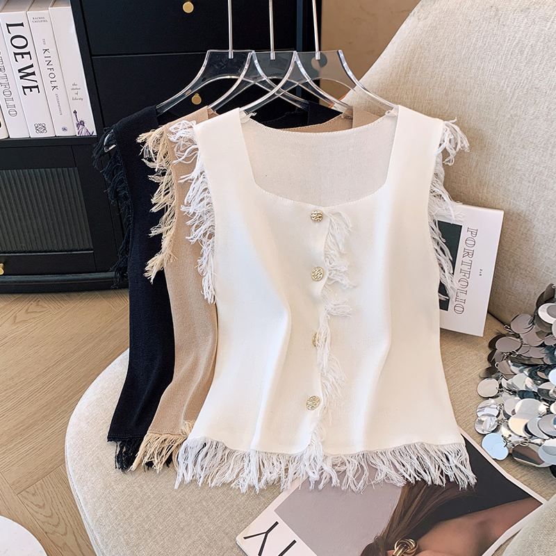 Fashionable tassel small fragrant square collar cardigan vest for women 2024 summer outer wear niche short shoulder slim top